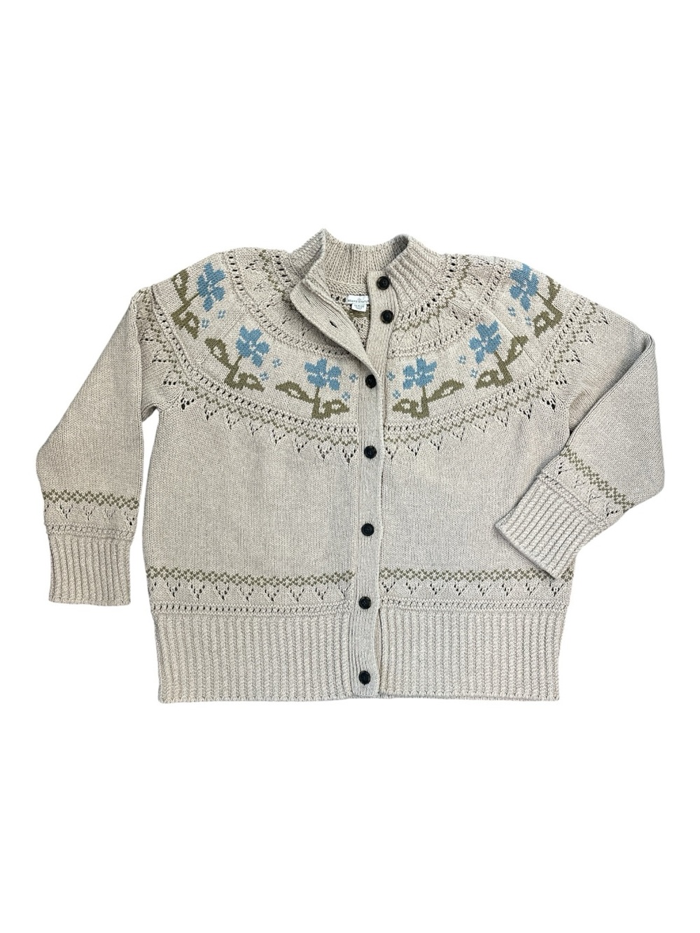 L.L. Bean 3X Signature Beige Cotton Fisherman Cardigan w/Blue Floral Fair Isle